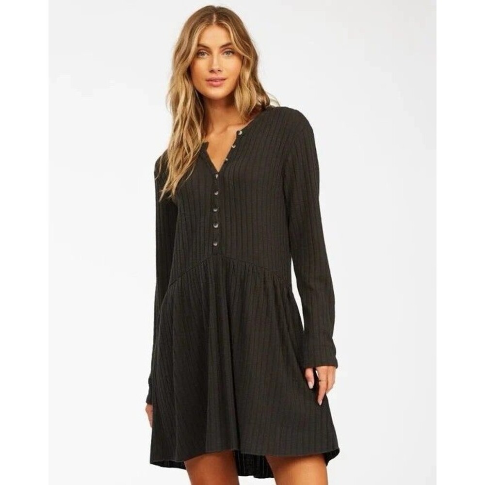 Billabong Rib Knit Dress Always Lounging LS XS Black Button Drop Waist NWT